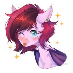 Size: 1024x1024 | Tagged: safe, artist:shelti, imported from derpibooru, oc, oc only, oc:bree berry, bat pony, pony, :p, bat wings, bust, colored pupils, commission, ear fluff, ear piercing, earring, female, jewelry, mare, one eye closed, piercing, simple background, solo, tongue out, white background, wings, wink