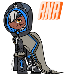 Size: 984x1152 | Tagged: safe, artist:eivilpotter, imported from derpibooru, oc, oc only, earth pony, ana (overwatch), cape, clothes, colored, crossover, eyepatch, female, flat colors, hood, mare, overwatch, simple background, solo