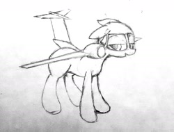 Size: 1644x1251 | Tagged: artist needed, safe, imported from derpibooru, oc, oc only, unnamed oc, original species, plane pony, an-72, antonov an-72, looking at you, pencil drawing, plane, simple background, smiling, solo, standing, traditional art, white background