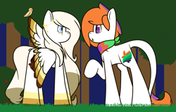 Size: 2496x1584 | Tagged: safe, artist:eivilpotter, imported from derpibooru, oc, oc only, oc:angelica, oc:oni, earth pony, pegasus, colored, duo, flat colors, forest background, looking at each other, looking at someone, simple background, spread wings, wings