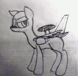 Size: 1394x1352 | Tagged: artist needed, safe, imported from derpibooru, oc, oc only, unnamed oc, original species, plane pony, awacs, e-767, frown, looking at you, pencil drawing, plane, serious, serious face, solo, standing, traditional art