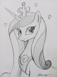 Size: 3060x4080 | Tagged: safe, artist:reekosukanku, imported from derpibooru, princess cadance, alicorn, pony, bust, crown, cute, female, grayscale, horn, jewelry, long hair, looking at you, love, mantle, mare, monochrome, pencil drawing, photo, portrait, regalia, simple background, sketch, solo, traditional art