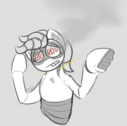 Size: 1081x1067 | Tagged: safe, artist:voraciouscutie, imported from derpibooru, oc, oc:demo, robot, error, female, malfunction, palindrome get, partial color, smoke, solo