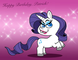 Size: 1016x787 | Tagged: safe, artist:cookie-lovey, imported from derpibooru, rarity, pony, unicorn, 2014, bucktooth, female, happy birthday, lipstick, looking at you, mare, purple background, rearing, simple background, smiling, smiling at you, solo, sparkles, style emulation, text, the fairly oddparents
