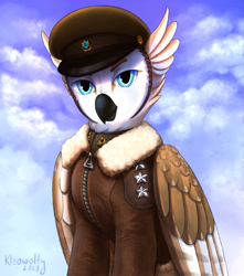 Size: 1417x1606 | Tagged: safe, artist:kleowolfy, imported from derpibooru, oc, oc only, griffon, equestria at war mod, bomber jacket, bust, clothes, commission, griffon oc, hat, jacket, officer, portrait, solo