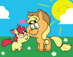 Size: 1016x787 | Tagged: safe, artist:cookie-lovey, imported from derpibooru, apple bloom, applejack, earth pony, pony, 2014, apple sisters, blank flank, bucktooth, cloud, cute, duo, duo female, female, filly, floating heart, flower, foal, grass, grass field, heart, looking at each other, looking at someone, mare, siblings, sisters, sky, style emulation, sun, the fairly oddparents