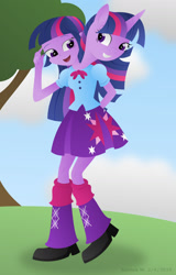 Size: 1024x1604 | Tagged: safe, artist:lavenderrain24, imported from derpibooru, twilight sparkle, human, pony, unicorn, equestria girls, conjoined, conjoined twins, request, two heads are better than one, unicorn twilight