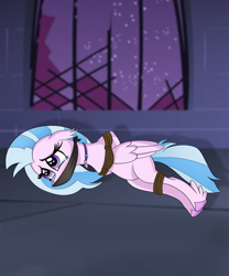 Size: 3000x3600 | Tagged: safe, artist:obsidianpie26, imported from derpibooru, silverstream, hippogriff, bondage, bound, crying, hooves behind back, kidnapped, lying down, on side, solo, tied up