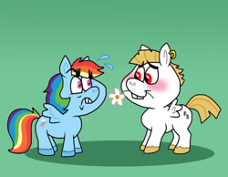 Size: 1016x787 | Tagged: safe, artist:cookie-lovey, imported from derpibooru, bulk biceps, rainbow dash, pegasus, pony, 2014, blushing, bucktooth, bulkdash, duo, duo male and female, female, flower, flower in mouth, frown, green background, looking at each other, looking at someone, male, mare, mouth hold, nervous sweat, shipping, simple background, smiling, spread wings, stallion, straight, style emulation, the fairly oddparents, wings