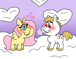 Size: 1016x787 | Tagged: safe, artist:cookie-lovey, imported from derpibooru, bulk biceps, fluttershy, pegasus, pony, 2014, bedroom eyes, blushing, bucktooth, cloud, female, floating heart, flower, flower in mouth, flutterbulk, heart, heart shaped, looking at each other, looking at someone, male, mare, mouth hold, on a cloud, shipping, sky, smiling, smiling at each other, spread wings, stallion, standing on a cloud, straight, style emulation, the fairly oddparents, wings