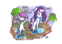 Size: 1024x724 | Tagged: safe, artist:adishu, imported from derpibooru, rarity, sweetie belle, unicorn, duo, excited, female, filly, foal, mare, mud, muddy hooves, puddle