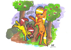 Size: 1024x724 | Tagged: safe, artist:adishu, imported from derpibooru, apple bloom, applejack, earth pony, apple, apple tree, duo, excited, female, filly, foal, mare, muddy hooves, puddle, rain, tree