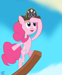 Size: 904x1105 | Tagged: safe, artist:sylphanscribe, imported from derpibooru, pinkie pie, earth pony, pony, bipedal, female, g4, hat, open mouth, open smile, outdoors, pirate, smiling, solo