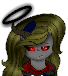 Size: 707x787 | Tagged: safe, artist:angellightyt, imported from derpibooru, oc, oc only, oc:angel light, pony, base used, bust, clothes, female, halo, horn, jacket, mare, nightmarified, red eyes, simple background, solo, transparent background, unamused