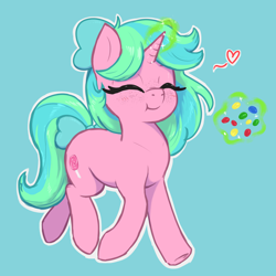 Size: 3000x3000 | Tagged: safe, artist:t72b, imported from derpibooru, oc, oc:lily pop, pony, unicorn, bow, candy, eating, eyes closed, female, food, hair bow, levitation, magic, mare, simple background, solo, tail, tail bow, telekinesis, trotting
