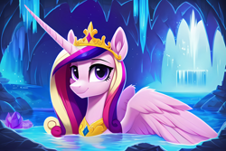 Size: 3072x2048 | Tagged: safe, editor:montaraz13, imported from derpibooru, prompter:montaraz13, princess cadance, alicorn, pony, ai content, ai generated, bathing, cave, crystal, crystal caverns, female, generator:novelai, generator:stable diffusion, horn, jewelry, pond, princess of love, regalia, smiling, solo, underground, water, waterfall
