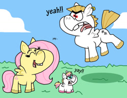 Size: 1016x787 | Tagged: safe, artist:cookie-lovey, imported from derpibooru, bulk biceps, fluttershy, oc, oc:peggy, pegasus, pony, 2014, baby, baby pony, cloud, eyes closed, family, female, filly, flutterbulk, foal, grass, male, mare, offspring, open mouth, open smile, parent:bulk biceps, parent:fluttershy, parents:flutterbulk, shipping, sky, smiling, stallion, straight, style emulation, teeth, the fairly oddparents, tongue out, trio, yay, yeah!!!!!!!!
