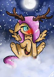 Size: 751x1063 | Tagged: safe, artist:adishu, imported from derpibooru, fluttershy, pegasus, pony, animal costume, antlers, cloven hooves, costume, female, full moon, mare, moon, reindeer costume, sitting, snow, snowfall, solo, starry night