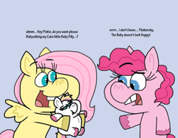 Size: 1016x787 | Tagged: safe, artist:cookie-lovey, imported from derpibooru, fluttershy, pinkie pie, oc, oc:peggy, earth pony, pegasus, pony, 2014, baby, baby pony, blue background, bucktooth, female, filly, foal, frown, holding a pony, mare, mother and child, mother and daughter, offspring, open mouth, open smile, parent:bulk biceps, parent:fluttershy, parents:flutterbulk, resting bitch face, simple background, smiling, style emulation, the fairly oddparents, trio, trio female