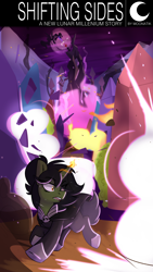 Size: 2100x3712 | Tagged: safe, artist:modularpon, imported from derpibooru, king sombra, nightmare moon, oc, oc:grim fate, alicorn, unicorn, alternate timeline, armor, cape, castle, clothes, crystal empire, explosion, fanfic, fanfic art, fanfic cover, female, fire, horn, mare, new lunar millennium, nightmare takeover timeline, ponytail, shoes, smoke, solo focus, unicorn oc