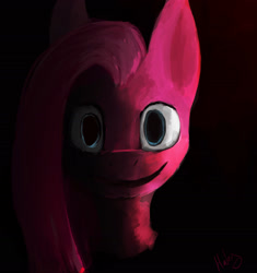 Size: 1708x1819 | Tagged: safe, artist:minckies, imported from derpibooru, pinkie pie, earth pony, pony, black background, bust, creepy, female, mare, pinkamena diane pie, simple background, smiling, solo