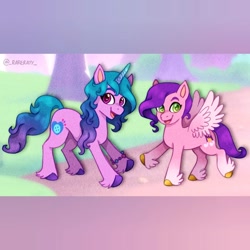 Size: 1440x1440 | Tagged: safe, artist:_rarerayy_, imported from derpibooru, izzy moonbow, pipp petals, pegasus, pony, unicorn, adorapipp, cute, duo, duo female, female, g5, mare, my little pony: a new generation