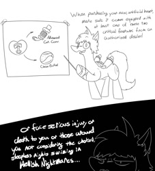 Size: 1000x1100 | Tagged: safe, artist:rubysnoot, imported from derpibooru, oc, oc:ruby, earth pony, pony, catalytic converter, comic, diagram, dialogue, grayscale, male, monochrome