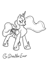 Size: 1509x2000 | Tagged: safe, artist:theandymac, imported from derpibooru, princess luna, alicorn, pony, comic:luna noms her guards, cartoon physics, concave belly, crown, eating, ethereal mane, ethereal tail, eyelashes, eyes closed, female, folded wings, frown, grayscale, hammerspace, hammerspace belly, helmet, hoof shoes, horn, jewelry, long mane, long tail, lunapred, mare, missing accessory, monochrome, neck bulge, no source available, object vore, princess shoes, regalia, simple background, slim, solo, standing, straining, swallowing, tail, thin, three quarter view, throat bulge, white background, wings