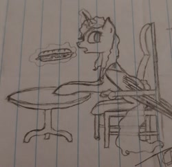 Size: 1737x1686 | Tagged: safe, artist:those kids in the corner, imported from derpibooru, oc, oc:evergreen, alicorn, pony, chair, eating, female, food, looking back, magic, mare, old art, sandwich, table, telekinesis, traditional art