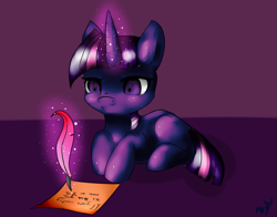 Size: 2763x2171 | Tagged: safe, artist:minckies, imported from derpibooru, twilight sparkle, pony, unicorn, female, filly, foal, glowing, glowing horn, horn, lying down, magic, prone, quill, scroll, signature, solo, telekinesis, unicorn twilight