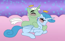 Size: 1024x651 | Tagged: safe, artist:cookie-lovey, imported from derpibooru, alicorn, pony, 2014, base used, biting, blushing, crown, cuddling, ear bite, eyes closed, female, jewelry, jorgen von strangle, lying down, male, mare, ponified, prone, regalia, shipping, smiling, stallion, straight, tooth fairy