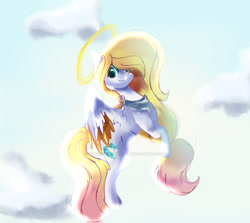 Size: 1600x1426 | Tagged: safe, artist:harmonyvitality-yt, imported from derpibooru, oc, oc only, oc:angel light, pegasus, pony, cloud, colored wings, deviantart watermark, female, flying, halo, mare, obtrusive watermark, outdoors, smiling, solo, two toned wings, watermark, wings