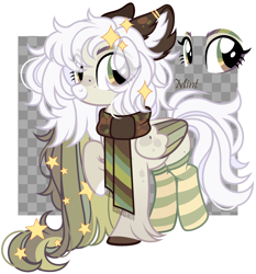 Size: 1980x2120 | Tagged: safe, artist:mint-light, imported from derpibooru, oc, oc only, pegasus, adoptable, checkered background, clothes, ear fluff, looking at you, male, multicolored coat, multicolored hair, multicolored mane, pegasus oc, raised hoof, scarf, signature, smiling, sparkles, stars