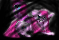 Size: 1024x704 | Tagged: safe, artist:adishu, imported from derpibooru, pinkie pie, earth pony, pony, crying, duo, fangs, female, looking at you, lying down, mare, pinkamena diane pie, prone, simple background