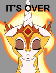 Size: 1399x1840 | Tagged: safe, artist:tazool, imported from derpibooru, daybreaker, alicorn, pony, april fools, april fools 2023, bust, defeated, eyes closed, female, gray background, it's over, mare, meme, ponified meme, sad, simple background, solar empire, solo