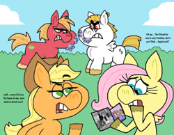 Size: 1016x787 | Tagged: safe, artist:cookie-lovey, imported from derpibooru, big macintosh, bulk biceps, fluttershy, earth pony, pegasus, pony, 2014, angry, bluto, bucktooth, cloud, cosmo, dialogue, female, flutterbulk, fluttermac, glare, grass, gritted teeth, hoof hold, juandissimo magnifico, looking at each other, looking at someone, male, mare, narrowed eyes, olive oil, photo, popeye, shipping, sky, snorting, spread wings, stallion, straight, style emulation, teeth, text, the fairly oddparents, wanda, wings