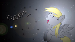 Size: 1920x1080 | Tagged: safe, artist:lugiadriel14, artist:spaceponies, edit, imported from derpibooru, derpy hooves, pegasus, pony, eyes closed, female, flying, gradient background, happy, lighting, mare, name, open mouth, open smile, smiling, solo, space, spread wings, stars, wallpaper, wallpaper edit, watermark, wings