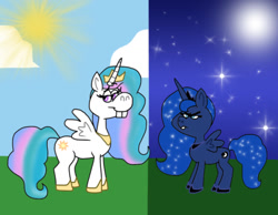 Size: 1016x787 | Tagged: safe, artist:cookie-lovey, imported from derpibooru, princess celestia, princess luna, alicorn, pony, 2014, cloud, day, duo, duo female, female, frown, grass, height difference, lidded eyes, luna is not amused, moon, narrowed eyes, night, royal sisters, siblings, sisters, sky, smiling, spread wings, stars, style emulation, sun, the fairly oddparents, unamused, wings