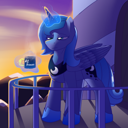 Size: 2048x2048 | Tagged: safe, artist:luther, imported from derpibooru, princess luna, alicorn, pony, coffee, feathered wings, female, folded wings, mare, standing, sunrise, tired, wings
