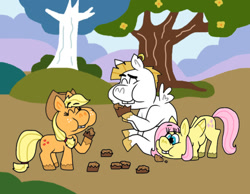 Size: 1016x787 | Tagged: safe, artist:cookie-lovey, imported from derpibooru, applejack, bulk biceps, fluttershy, earth pony, pegasus, pony, 2014, apple brown betty (food), bucktooth, eating, eyes closed, female, flower, flutterbulk, food, head down, hill, male, mare, path, puffy cheeks, shipping, sitting, smiling, stallion, straight, style emulation, the fairly oddparents, tree, trio