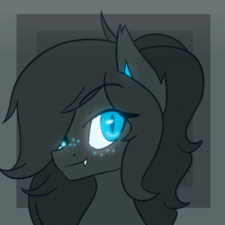 Size: 1200x1200 | Tagged: safe, artist:nova rain, imported from derpibooru, oc, oc only, oc:umbra glow, bat pony, pony, animated, bust, clothes, commission, ear fluff, eyebrows, eyebrows visible through hair, eyes closed, fangs, female, glowing, glowing eyes, latex, latex socks, mare, simple background, smiling, socks, solo