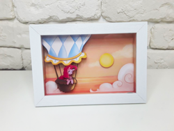 Size: 1280x960 | Tagged: safe, artist:made_by_franch, imported from derpibooru, pinkie pie, earth pony, balloon, cloud, craft, diorama, framed picture, handmade, hot air balloon, irl, ocean, photo, solo, sunset, water