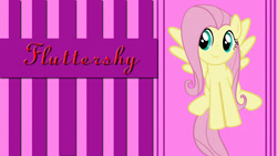 Size: 1920x1080 | Tagged: safe, artist:lugiadriel14, artist:starboltpony, edit, imported from derpibooru, fluttershy, pegasus, pony, abstract background, female, flying, looking sideways, mare, name, smiling, solo, spread wings, wallpaper, wallpaper edit, watermark, wings