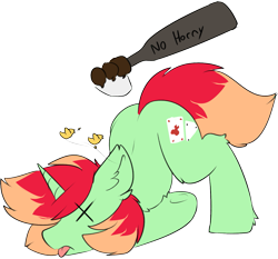 Size: 1503x1398 | Tagged: safe, artist:beardie, imported from derpibooru, oc, oc:jonin, pony, unicorn, baseball bat, horn, horny jail, knocked out, male, simple background, solo focus, stallion, tongue out, transparent background, x eyes