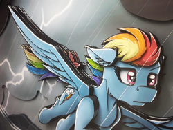Size: 1280x960 | Tagged: safe, artist:made_by_franch, imported from derpibooru, rainbow dash, pegasus, pony, art, craft, diorama, figure, flying, handmade, lightning, ocean, rain, solo, storm, stormcloud