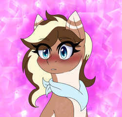 Size: 2200x2100 | Tagged: safe, artist:drawing-assassin-art, derpibooru exclusive, imported from derpibooru, oc, oc only, oc:boston cream, earth pony, pony, abstract background, bandana, blushing, blushing profusely, eyebrows, eyebrows visible through hair, eyelashes, female, freckles, mare, old art, open mouth, two toned coat, two toned mane, wide eyes