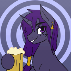 Size: 1200x1200 | Tagged: safe, artist:nova rain, imported from derpibooru, oc, oc only, oc:yoru night, pony, unicorn, alcohol, animated, beer, chugging, commission, drinking, ear piercing, earring, facial markings, jewelry, male, neck bulge, piercing, simple background, solo, stallion, swallowing, throat bulge, toasting
