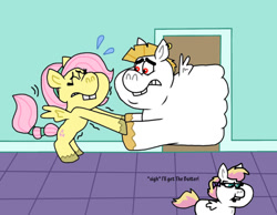 Size: 1016x787 | Tagged: safe, artist:cookie-lovey, imported from derpibooru, bulk biceps, fluttershy, oc, oc:peggy, pegasus, pony, 2014, alternate hairstyle, bucktooth, dialogue, door, eyes closed, family, female, filly, flutterbulk, foal, frown, indoors, male, mare, offspring, parent:bulk biceps, parent:fluttershy, parents:flutterbulk, pulling, shipping, stallion, straight, stuck, style emulation, sweat, text, the fairly oddparents, trio