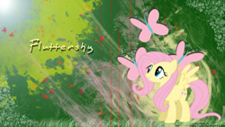 Size: 1920x1080 | Tagged: safe, artist:lugiadriel14, artist:makintosh91, edit, imported from derpibooru, fluttershy, pegasus, pony, abstract background, cutie mark, feathered wings, female, grass, leaves, lighting, looking up, mare, name, smiling, solo, spread wings, wallpaper, wallpaper edit, watermark, wings