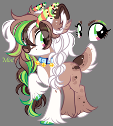 Size: 1773x1982 | Tagged: safe, artist:mint-light, imported from derpibooru, oc, oc only, earth pony, adoptable, cow horns, ear fluff, earth pony oc, female, hair over eyes, horns, looking at you, multicolored coat, multicolored hair, multicolored mane, signature, simple background, unshorn fetlocks